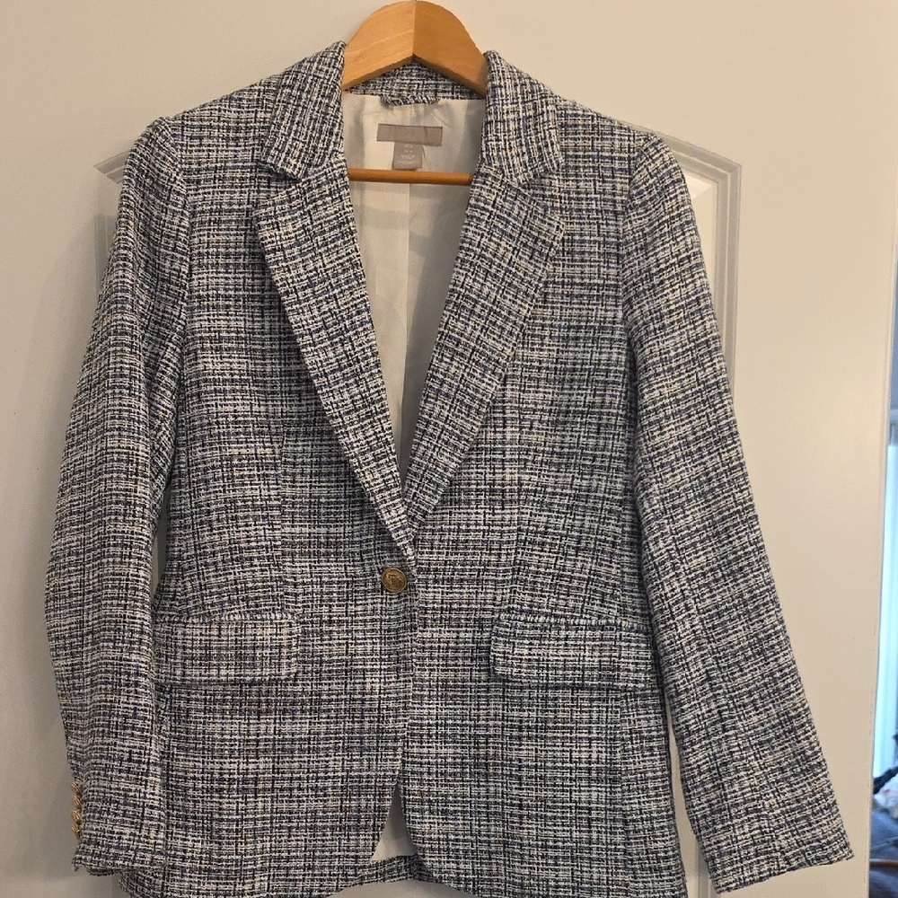 H&M Navy & White Tweed Single-Button Blazer